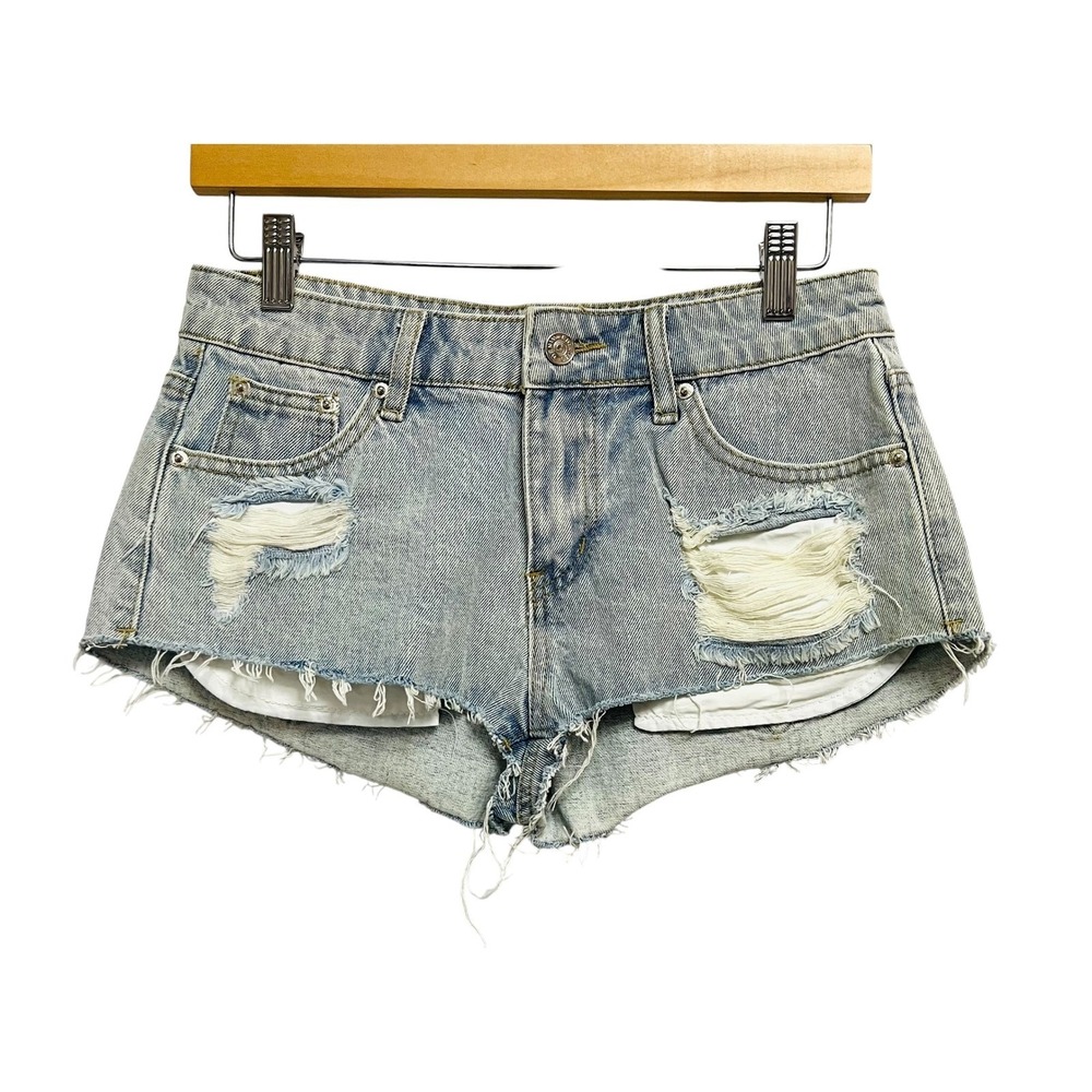 Edikted Denim Shorts Womens‎ S Light Blue Distressed Raw Hem Micro S13508 Y2K
